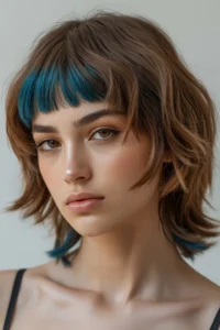 Ash Brown Wolf Cut + Electric Blue Bangs