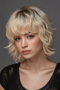 Beige Blonde Wolf Cut With Blunt Bangs