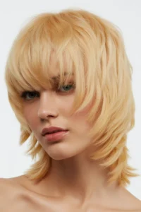 Butter Blonde Wolf Cut With Baby Bangs