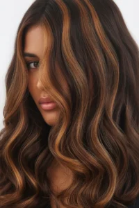 Caramel Money Pieces on Dark Hair