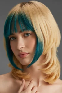 Golden Blonde Wolf Cut + Teal Bangs