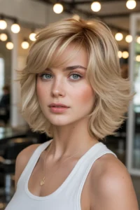 Golden Blonde Wolf Cut With Side Swept Bangs