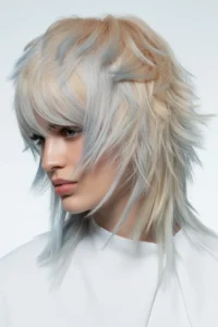 Icy Blonde Wolf Cut With Choppy Bangs