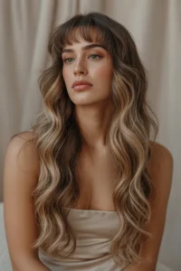 Long Wavy Wolf Cut + Full Blunt Bangs