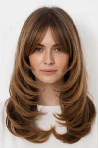 Long Wolf Cut + Curtain Bangs for Round Face