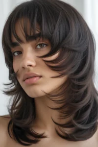 Long Wolf Cut + Curtain Bangs with Dark Espresso Hair