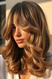 Long Wolf Cut + Curtain Bangs with Honey Highlights