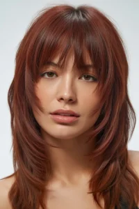 Long Wolf Cut + Curtain Bangs with Red Wine Tone
