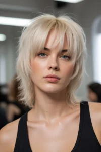Platinum Blonde Wolf Cut With Curtain Bangs