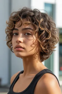Short Wolf Cut + Curtain Bangs for Curly Hair