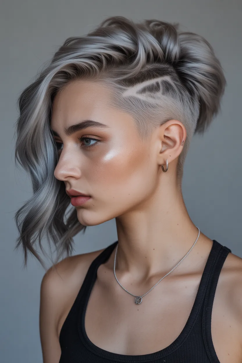 Side Shaved Hair with Silver Highlights