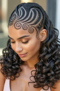Swirl Cornrows with Goddess Curls Ends