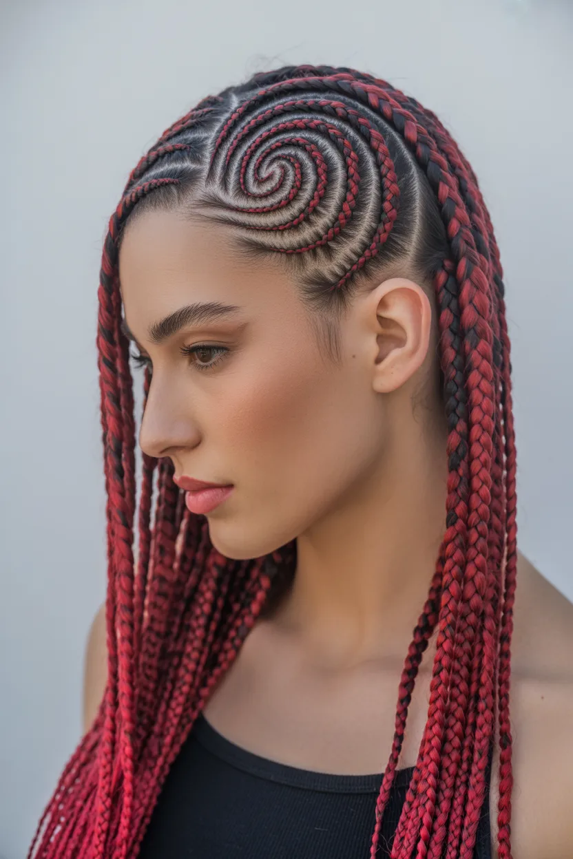 Swirl Cornrows with Red Ombre
