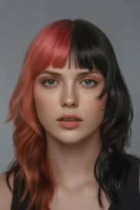 Wolf Cut + Split Dye Bangs (Half Red Half Black)