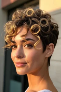 Curly Pixie with Blonde Highlights