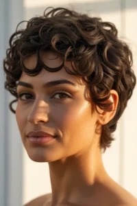 Curly Pixie with Dark Brunette Shine