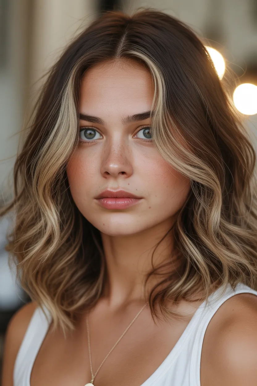 Face-Framing Blonde Streaks on Brunette Hair