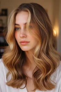 Honey Blonde Streaks on Shoulder-Length Hair