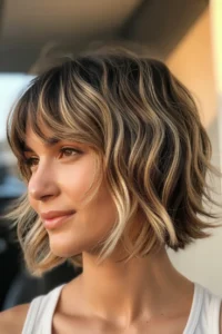 Short Shag + Bangs + Blonde Balayage