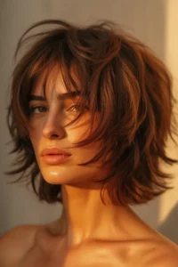 Short Shag + Bangs + Brunette Gloss