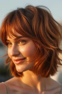 Short Shag + Bangs + Copper Tone