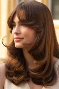 Soft Curtain Bangs + Long Brunette Layers