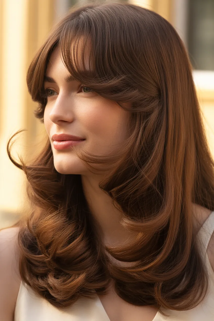 Soft Curtain Bangs + Long Brunette Layers